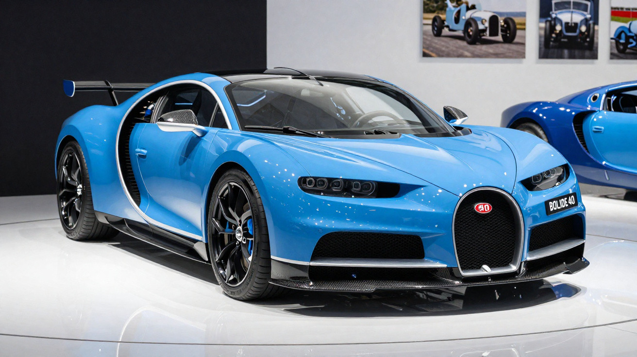 Carro esportivo azul Bugatti Bolide 40 exibido em salão automotivo, com design aerodinâmico e rodas pretas.