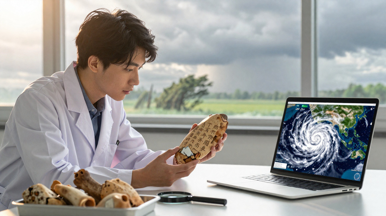 Homem de jaleco analisa fóssil com inscrições japonesas, com laptop mostrando imagem de furacão ao fundo.