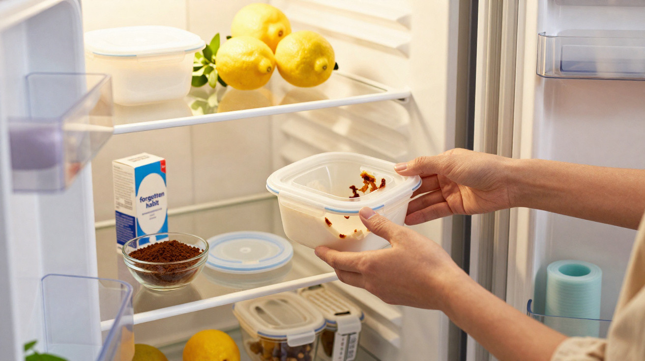 Pessoa guardando recipiente plástico com restos de comida em geladeira com limões e outros alimentos.