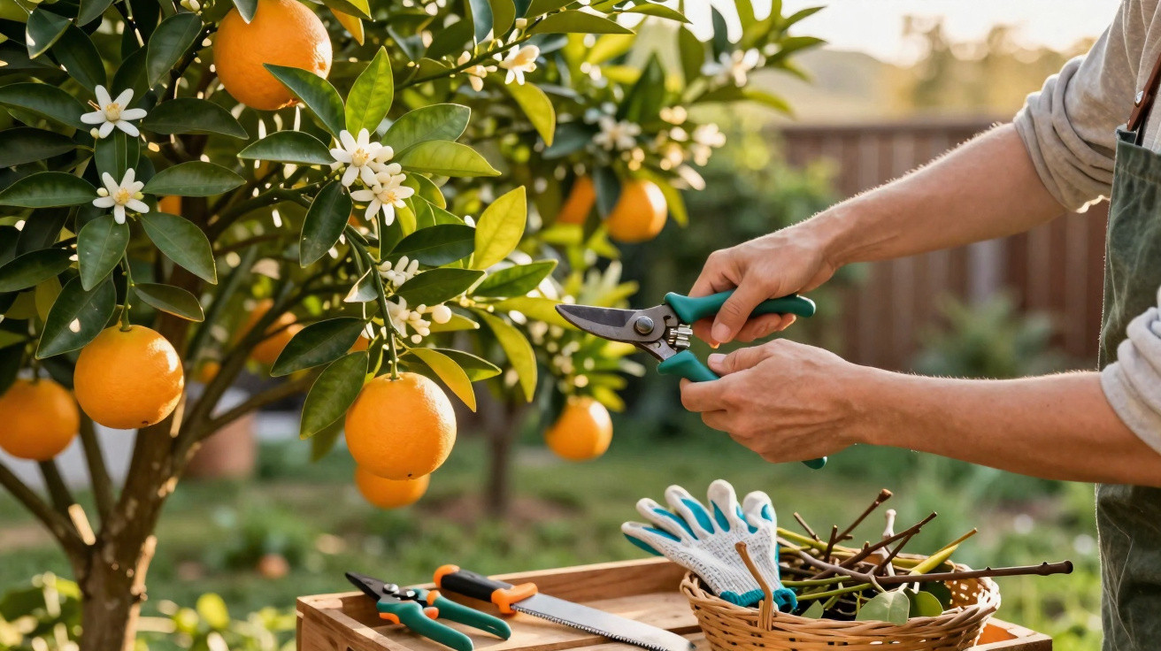 Pessoa podando uma árvore de laranjas com flores brancas e ferramentas de jardinagem à mesa.