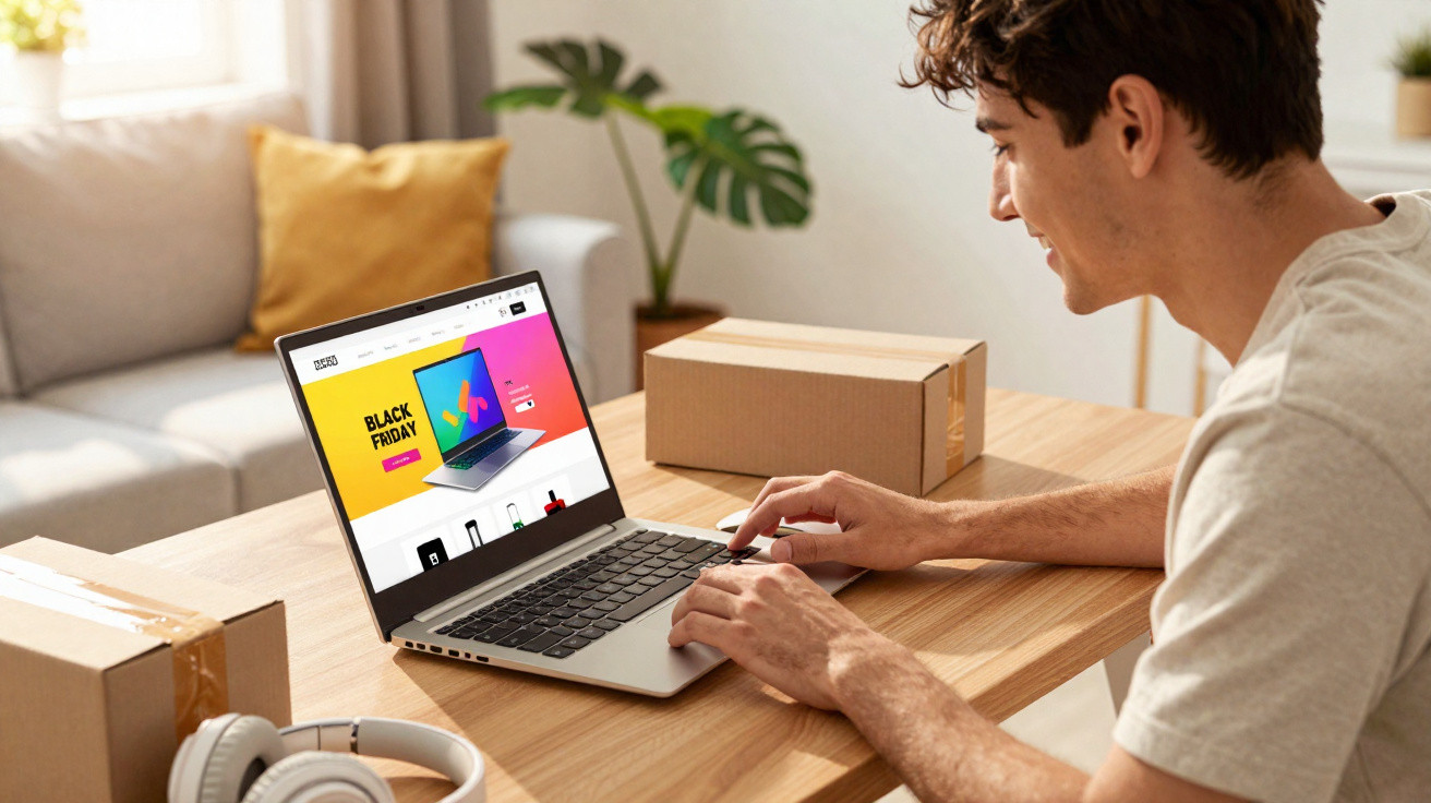Jovem comprando no laptop durante promoção de Black Friday em sala com caixas de entrega.