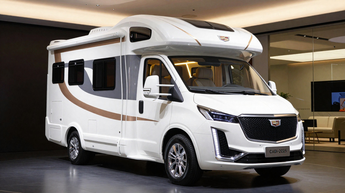 Motorhome branco com detalhes cinza e bege estacionado em ambiente interno moderno.
