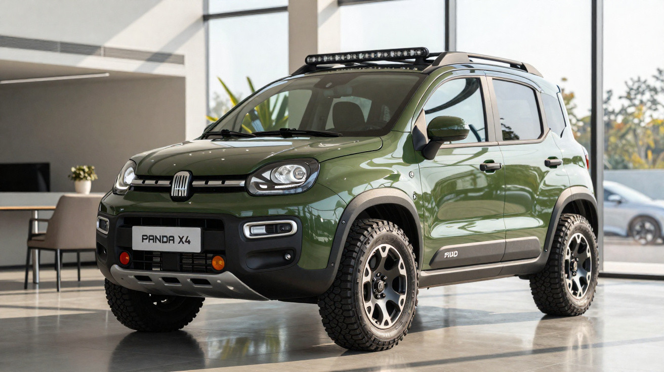 Carro SUV Fiat Panda X4 verde com pneus off-road exposto em showroom moderno e iluminado.