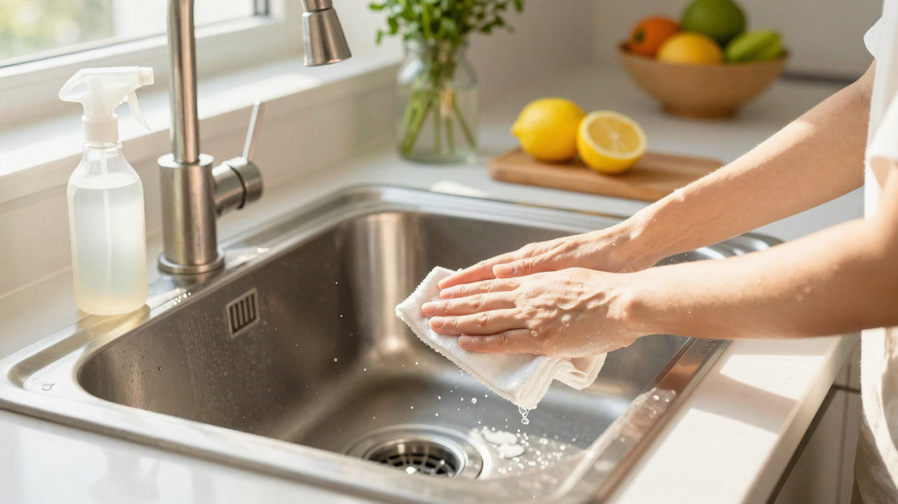 Pessoa limpando pia de cozinha de inox com pano branco e spray transparente ao lado.