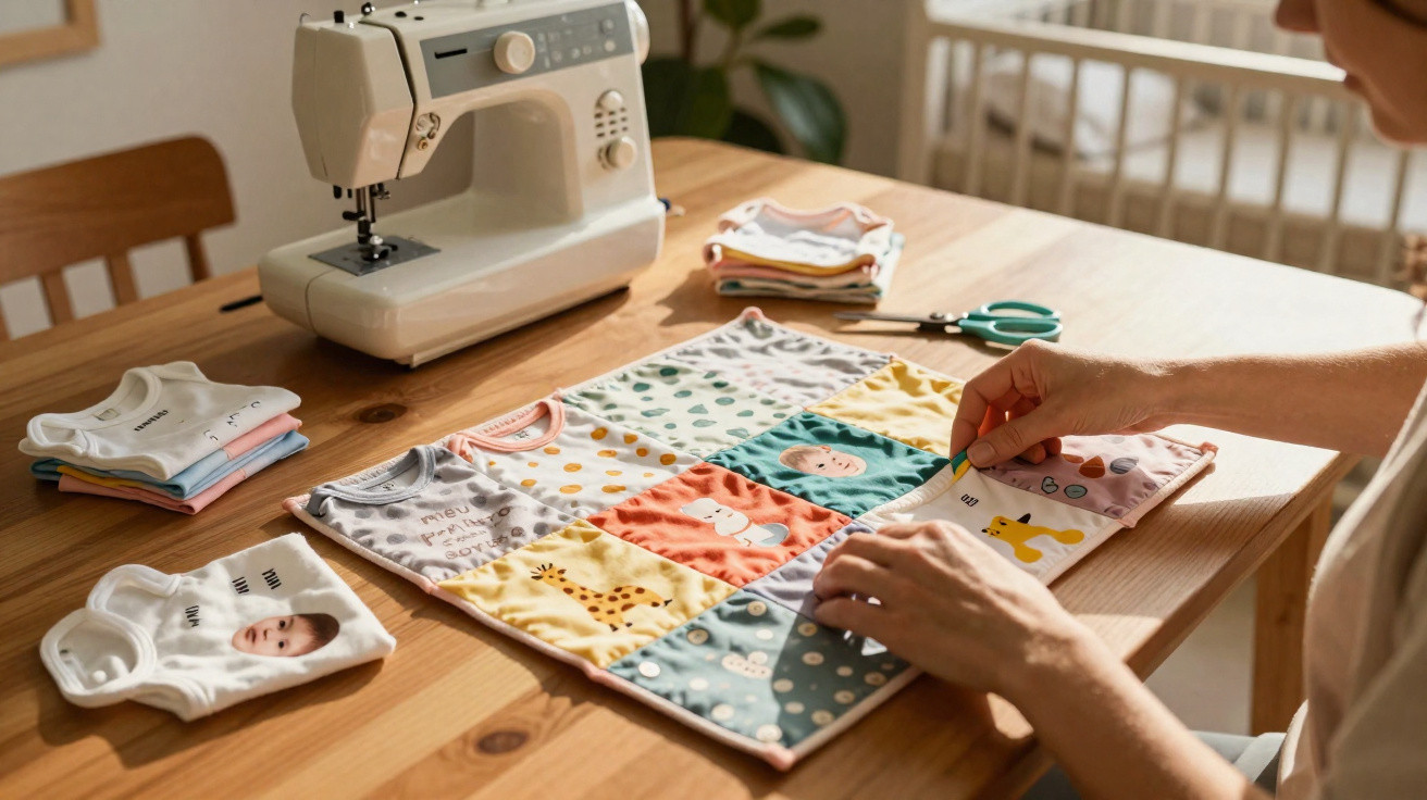 Pessoa costurando um patchwork colorido com tecidos infantis ao lado de uma máquina de costura em uma mesa de madeira.