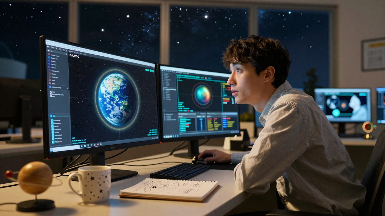 Jovem observando dados da Terra e gráficos astronômicos em dois monitores no escritório à noite.