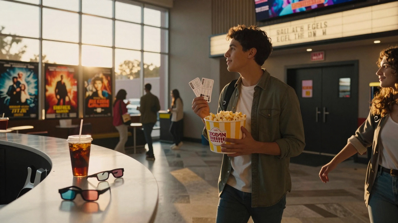 Jovem segurando pipoca e ingressos entrando em cinema, com copo e óculos 3D ao fundo no balcão.