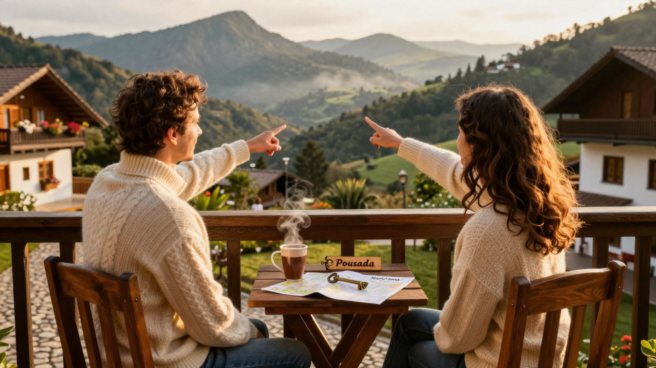 Casal sentado em varanda de pousada apontando montanhas ao amanhecer com mesa, café e mapas.