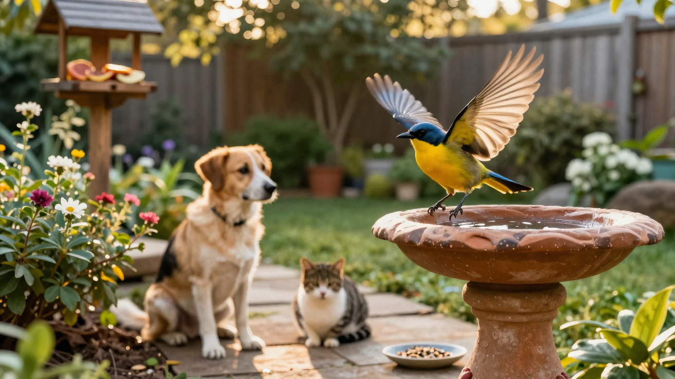 Pássaro de penas amarelas e azuis sobre bebedouro, com cachorro e gato sentados em jardim ensolarado.