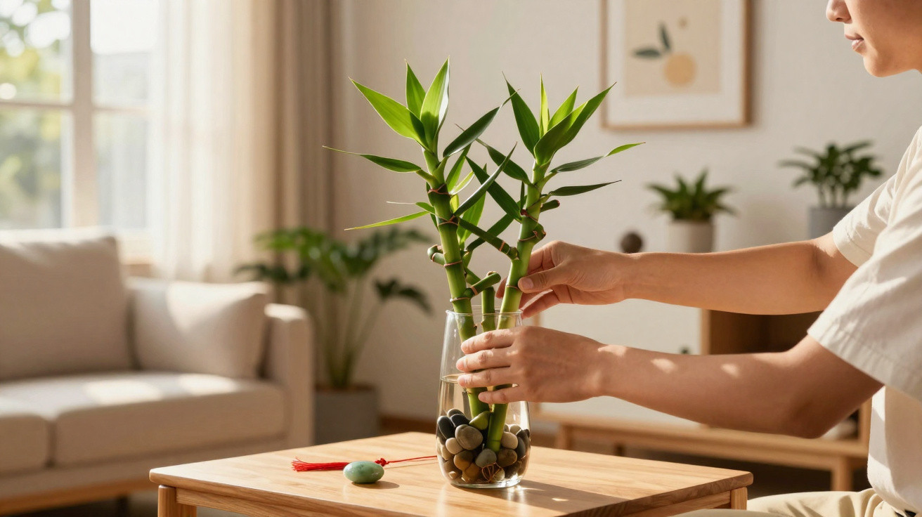 Pessoa ajustando bambu da sorte em vaso transparente com pedras em mesa de madeira na sala iluminada