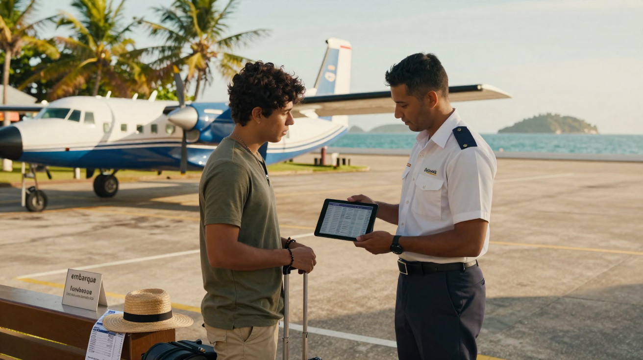 Homem com mala confere informações em tablet com piloto em área de embarque próximo a avião.