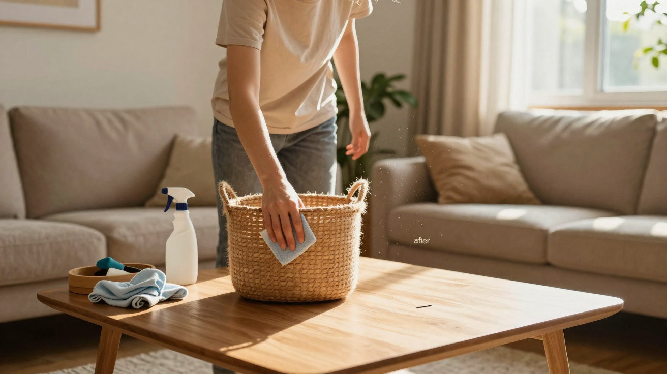 Pessoa limpando cesta de palha sobre mesa de madeira clara em sala com sofá cinza ao fundo
