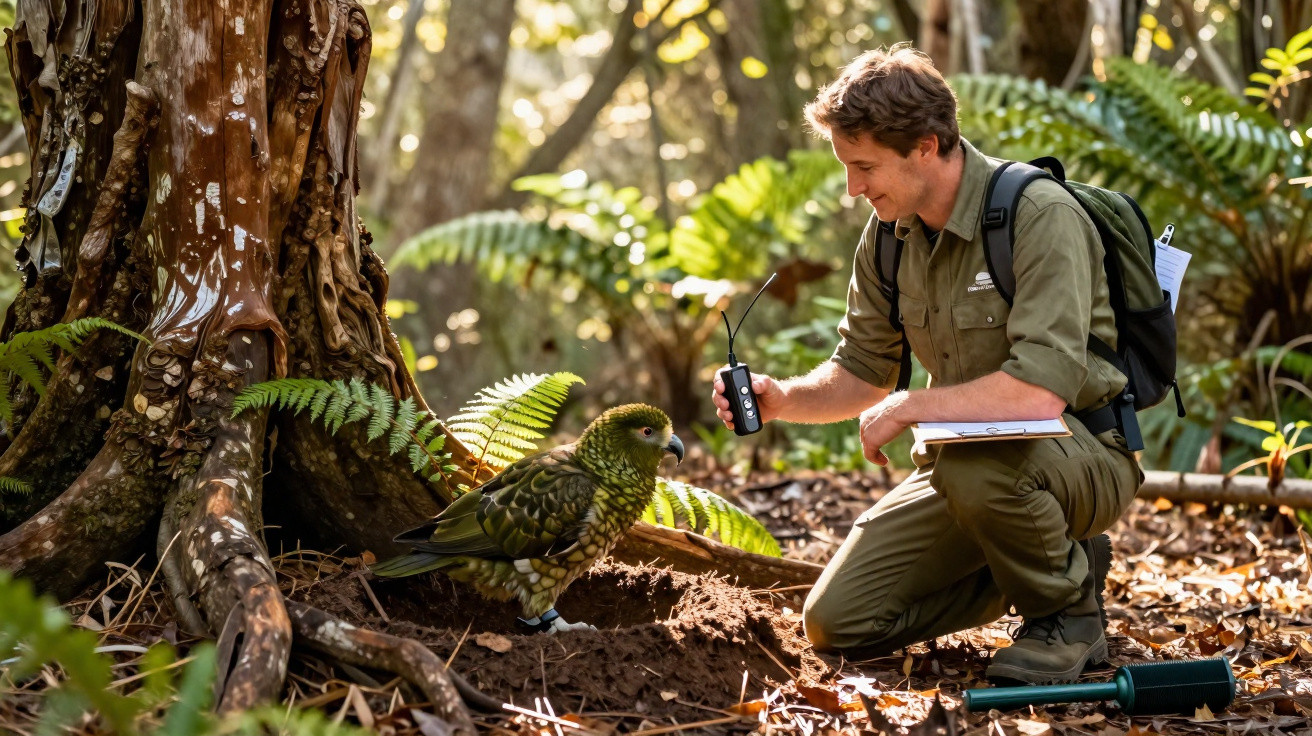 Homem em floresta com equipamento observa papagaio verde no chão próximo a árvore e samambaias.