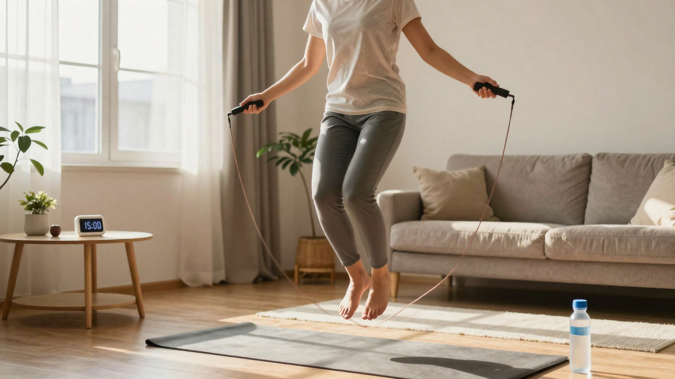 Pessoa pulando corda em sala de estar, com tapete de yoga, garrafa de água e relógio digital ao fundo.