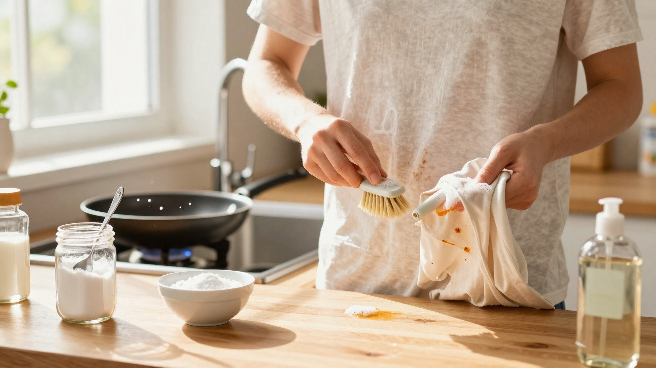 Pessoa usando escova para tirar mancha de roupa branca na cozinha ensolarada.