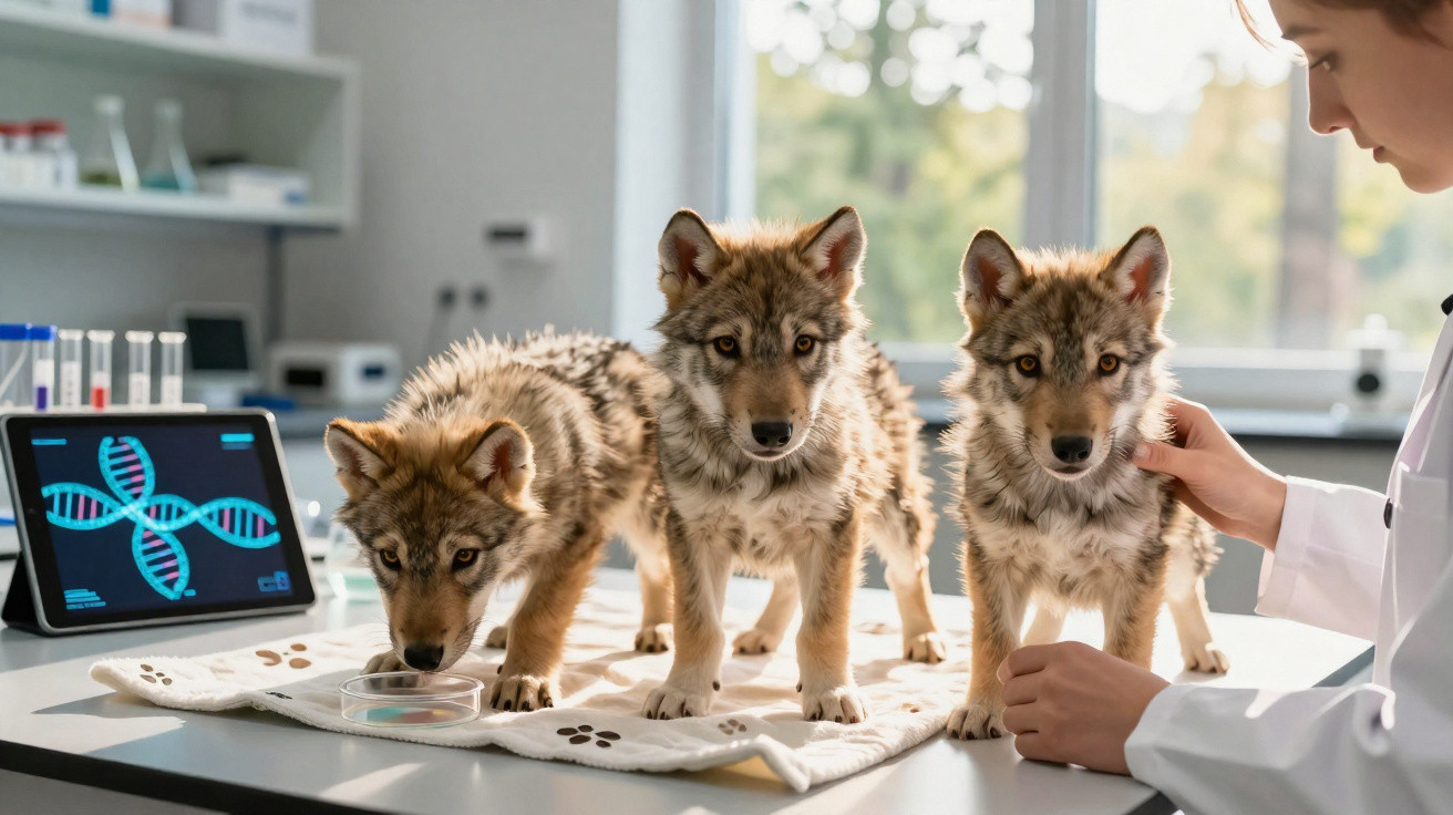 Três filhotes de lobo em bancada de laboratório com pesquisadora e tela mostrando DNA ao fundo.