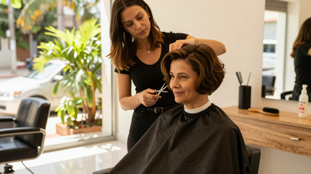 Cabeleireira cortando o cabelo de mulher sentada em salão de beleza moderno e iluminado.