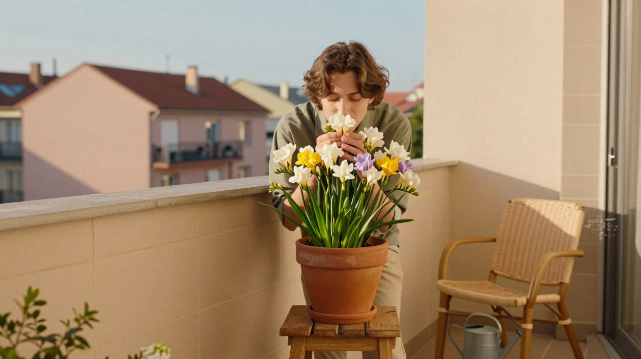 Jovem cheirando flores coloridas em vaso no parapeito de sacada ensolarada com cadeira e regador.