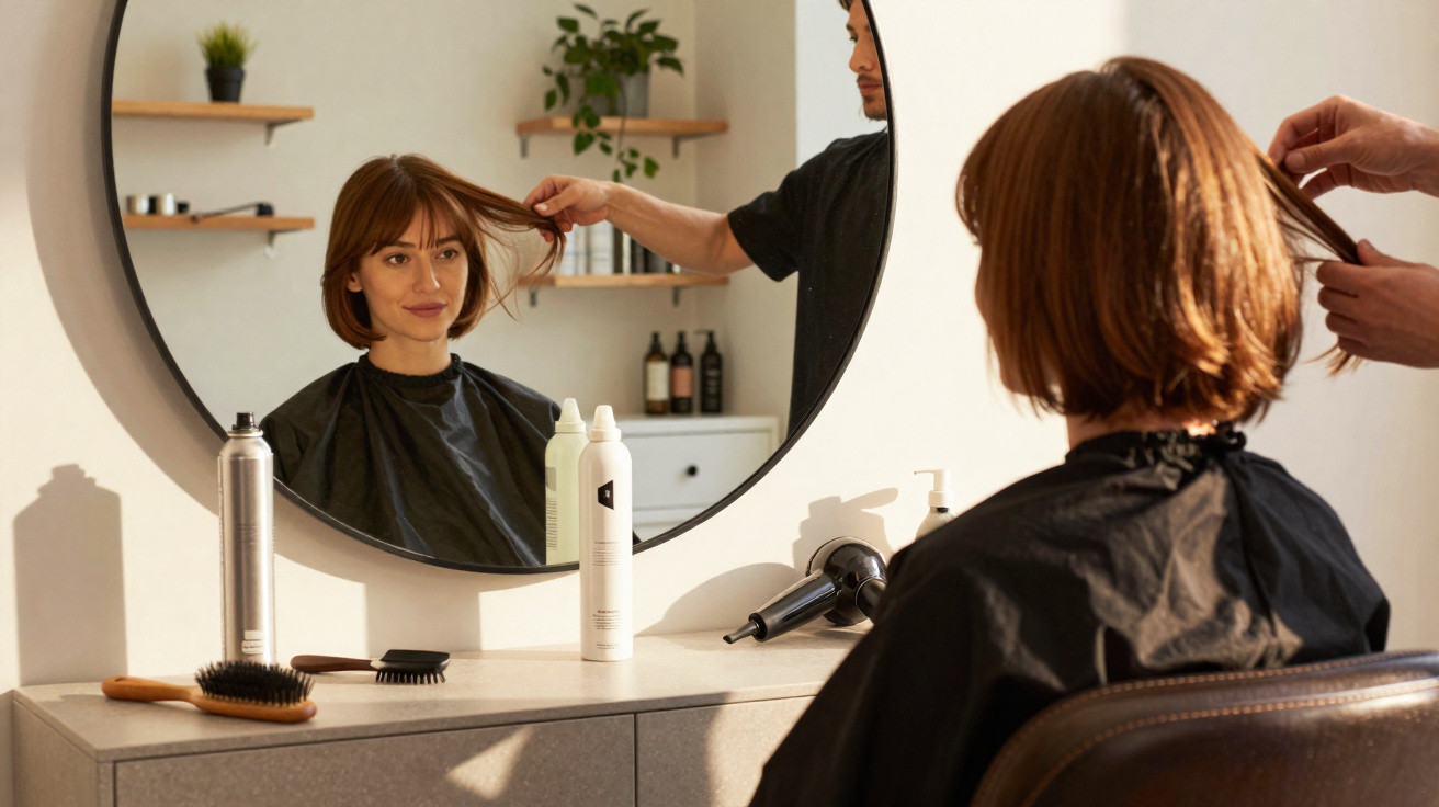 Mulher no salão de beleza recebendo corte e tratamento de cabelo por cabeleireiro.