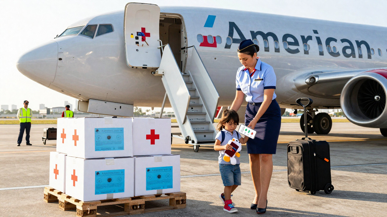 Comissária de bordo ao lado de criança e caixas de ajuda médica próximas a avião da American Airlines.