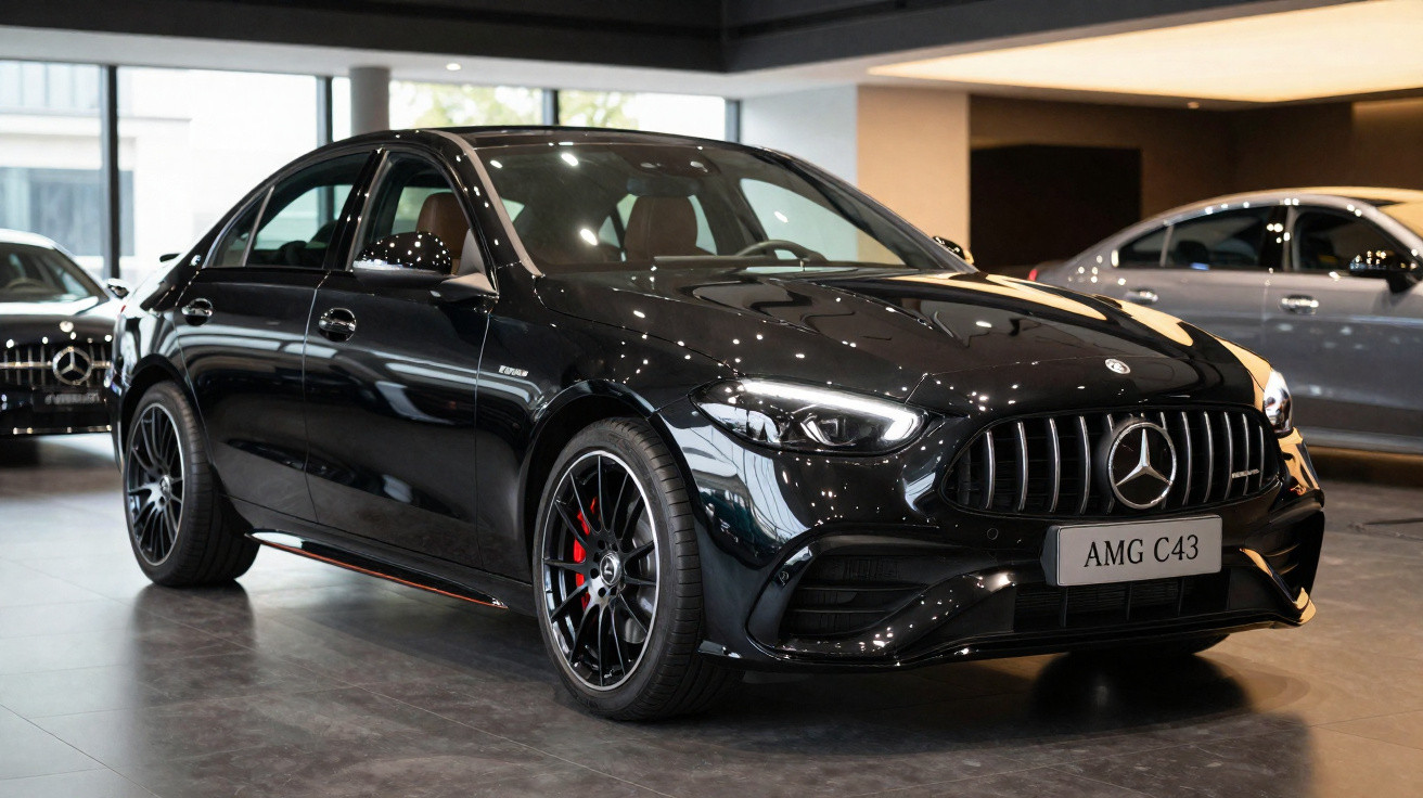 Carro preto Mercedes-Benz AMG C43 exposto em showroom com rodas esportivas e detalhes vermelhos.