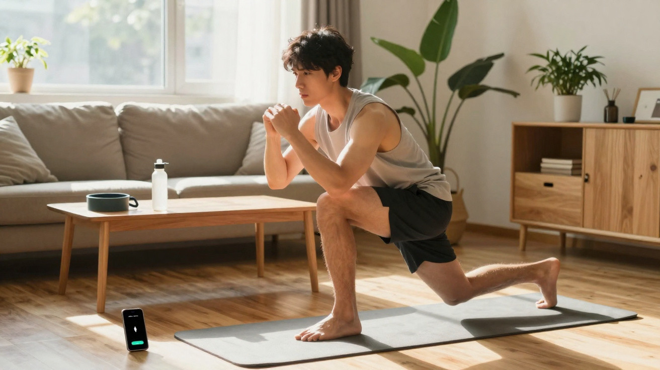 Homem jovem fazendo alongamento em tapete de yoga na sala de estar iluminada pelo sol.