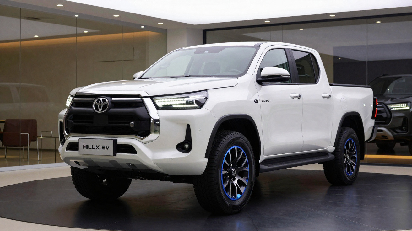 Picape Toyota Hilux EV branca exposta em showroom moderno com parede de vidro ao fundo.