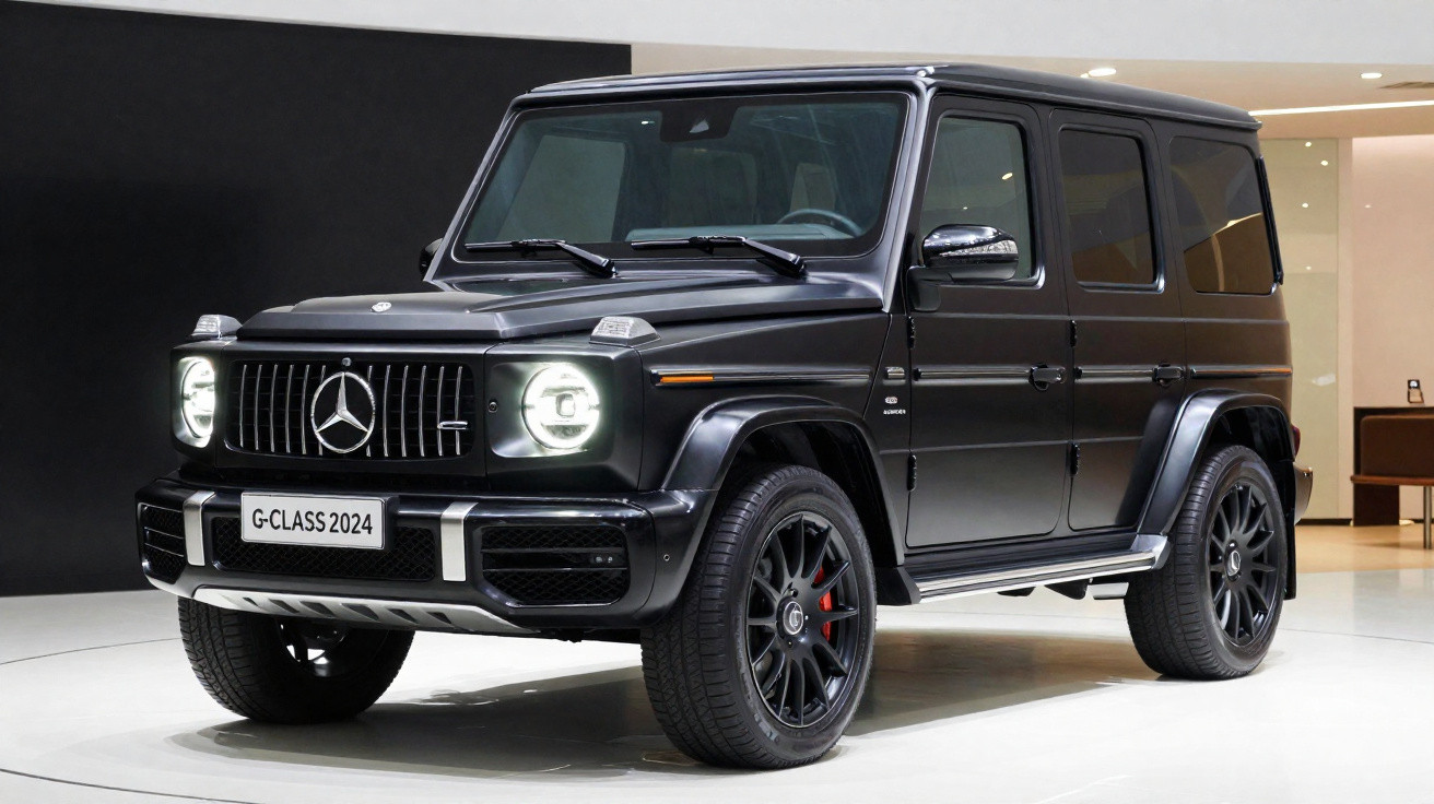 SUV Mercedes-Benz G-Class 2024 preto em exposição com faróis acesos em ambiente interno branco.