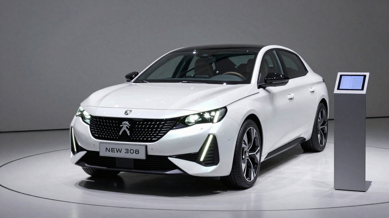 Carro branco Peugeot New 308 exposto em plataforma circular com fundo cinza em evento.