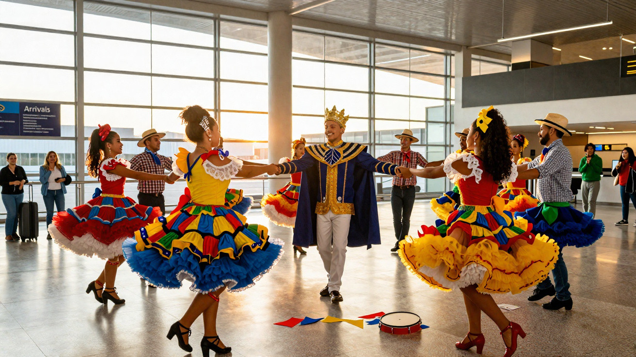 Grupo de pessoas em trajes típicos realizando dança folclórica dentro de aeroporto durante o dia.