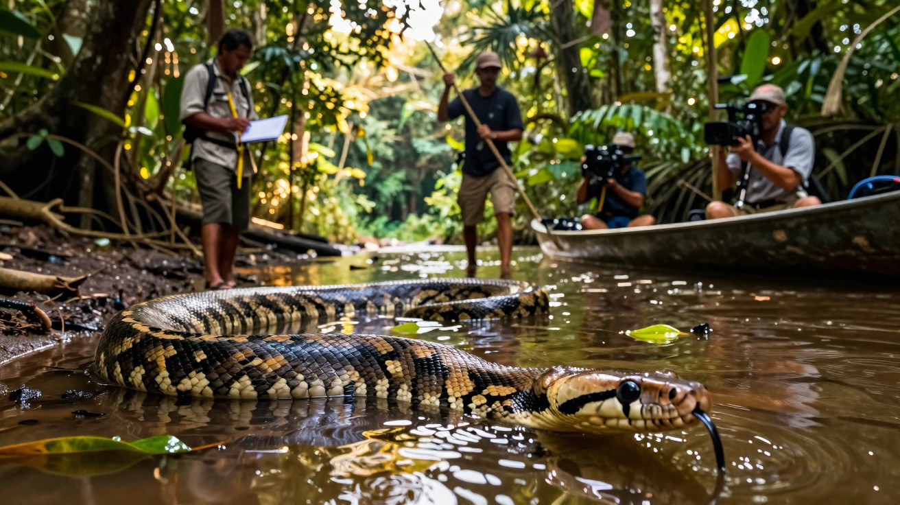Cobra gigante em riacho na floresta amazônica com pessoas observando e filmando do barco e da margem.