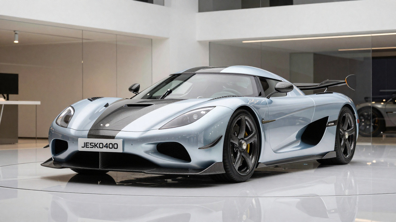 Carro esportivo Koenigsegg Jesko 400 cinza em ambiente interno moderno e iluminado.