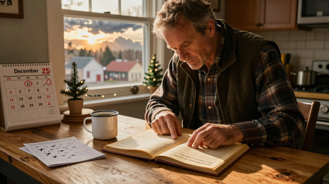 Homem lendo livro à mesa de madeira com calendário de dezembro e árvore de Natal ao fundo.