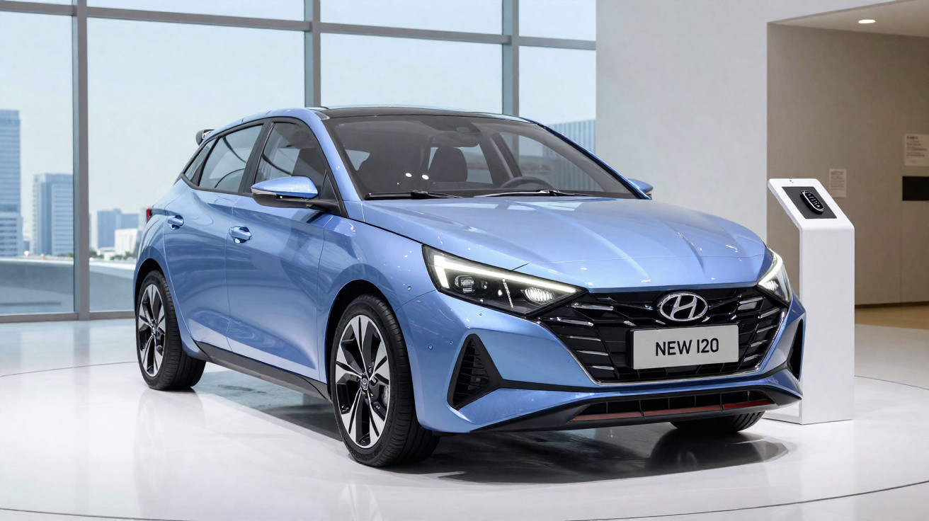 Carro Hyundai New i20 azul em exposição em ambiente interno moderno com janelas grandes ao fundo.