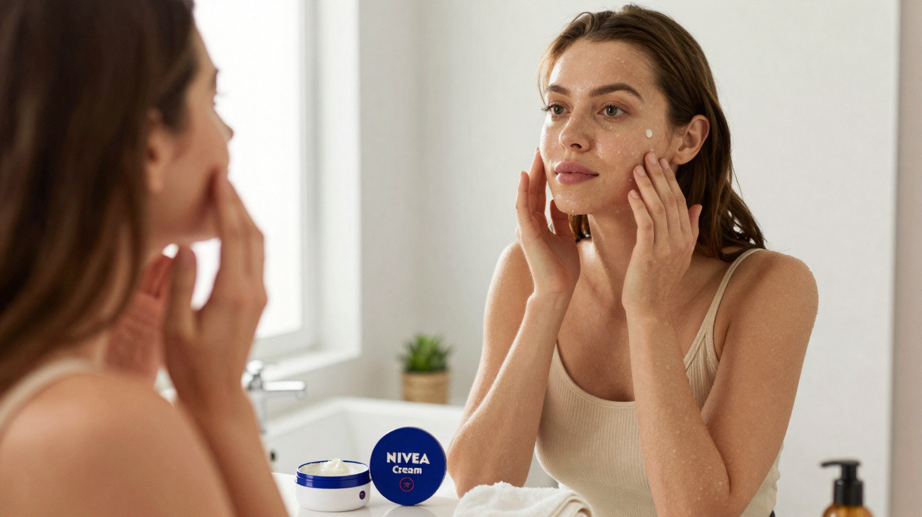 Mulher aplicando creme facial Nivea enquanto se olha no espelho no banheiro iluminado.
