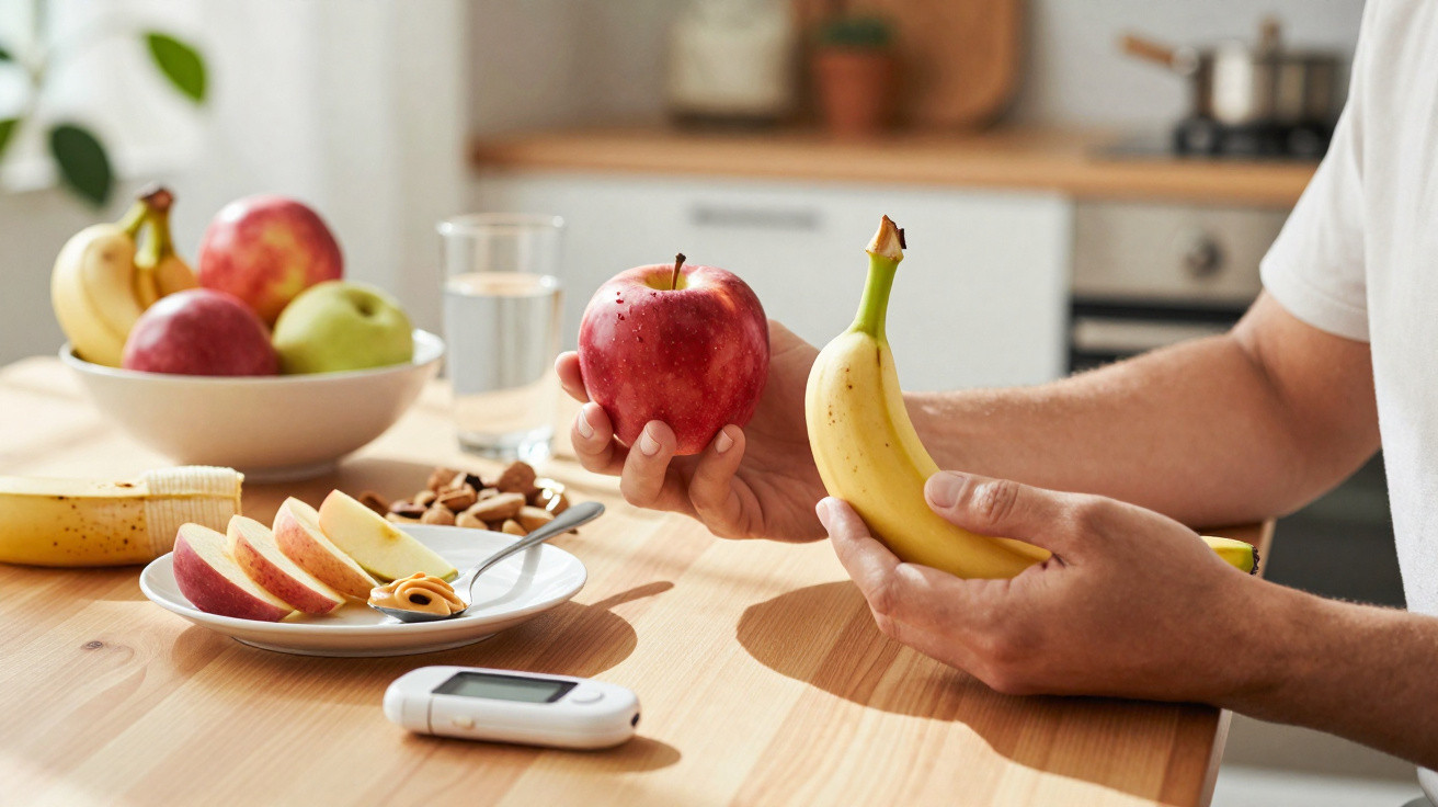 Pessoa segurando maçã vermelha e banana em mesa com frutas, castanhas, copo d'água e monitor de glicose.