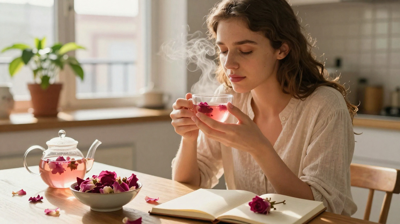 Mulher sentada tomando chá de flores na cozinha, com um livro aberto à sua frente.