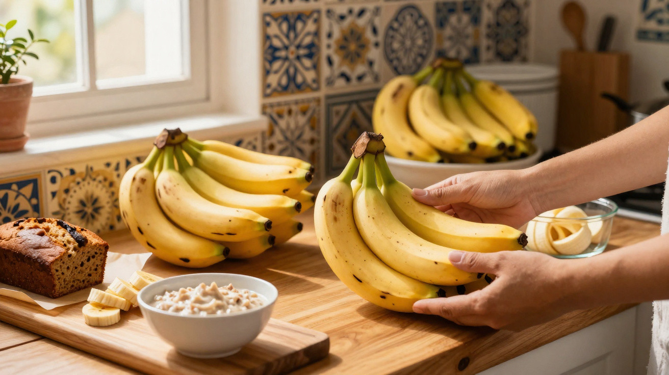 Mãos segurando cacho de bananas em bancada com bananas, bolo, aveia e janela ao fundo.