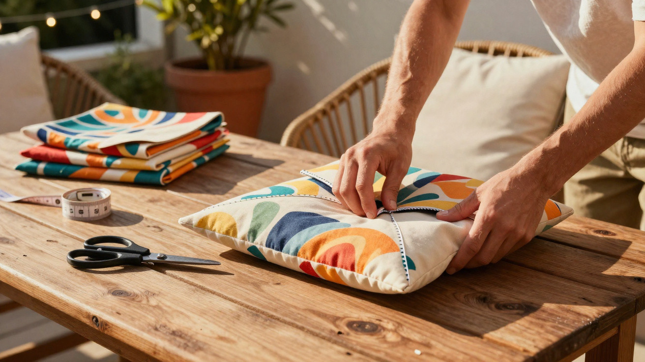 Mãos fechando uma almofada colorida sobre mesa de madeira com tesoura e fita métrica ao lado.