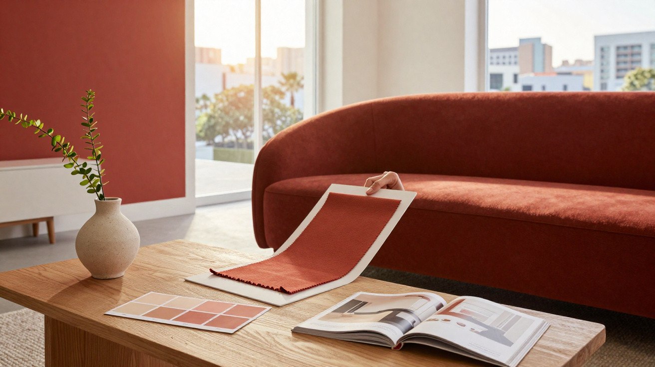 Mão segurando amostra de tecido vermelho em sala com sofá vermelho e mesa de madeira com revista e vaso.