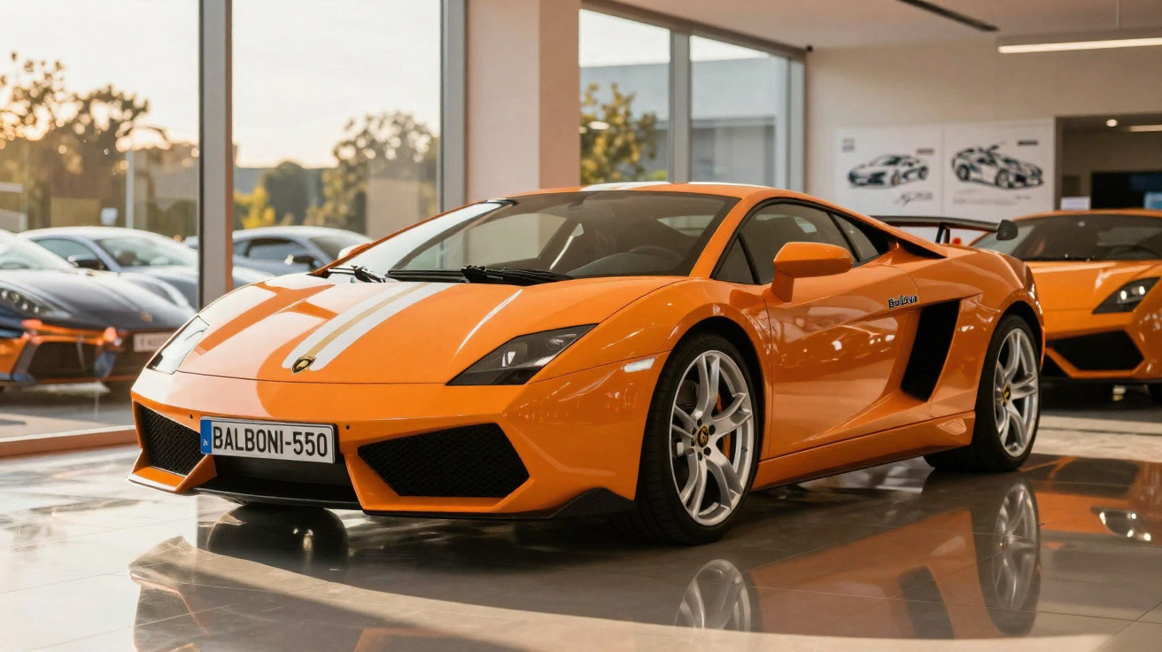 Carro esportivo laranja com faixa branca estacionado em showroom com piso refletivo.