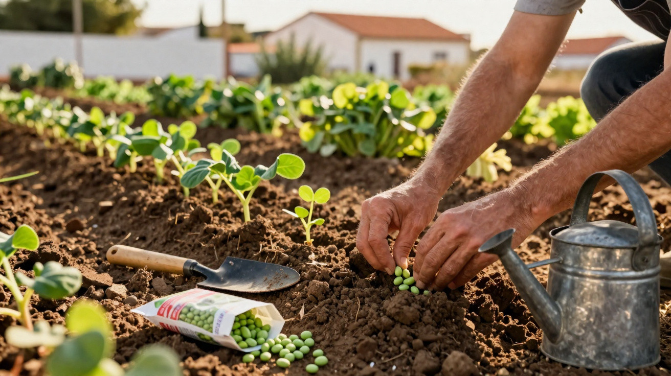 Pessoa plantando sementes de ervilha em um jardim com regador e pá ao lado sobre a terra.
