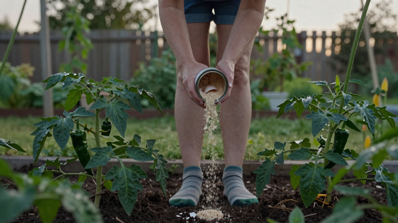 Pessoa aplicando fertilizante em plantas de tomate em um jardim doméstico durante o dia.