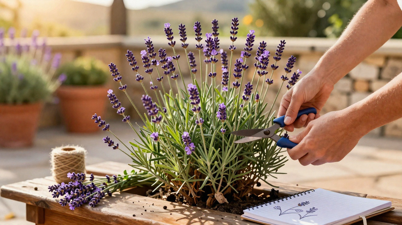 Pessoa podando plantação de lavanda em vaso com tesoura de jardim sob luz natural.
