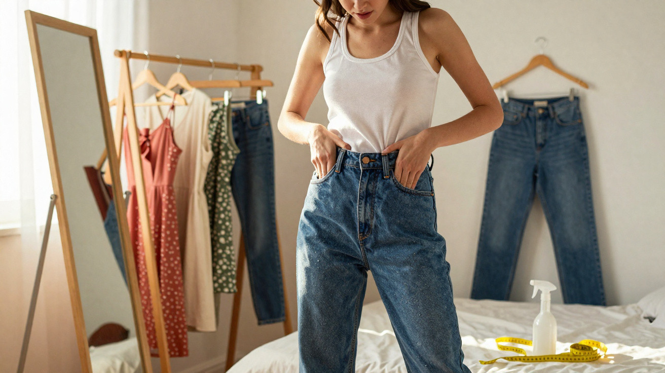 Mulher vestindo regata branca e calça jeans, ajustando a cintura, com roupas penduradas ao fundo.