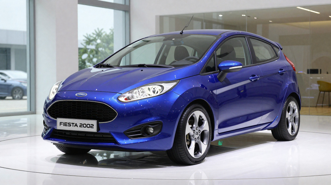 Carro Ford Fiesta 2002 azul com cinco portas exibido em salão iluminado com parede de vidro ao fundo.