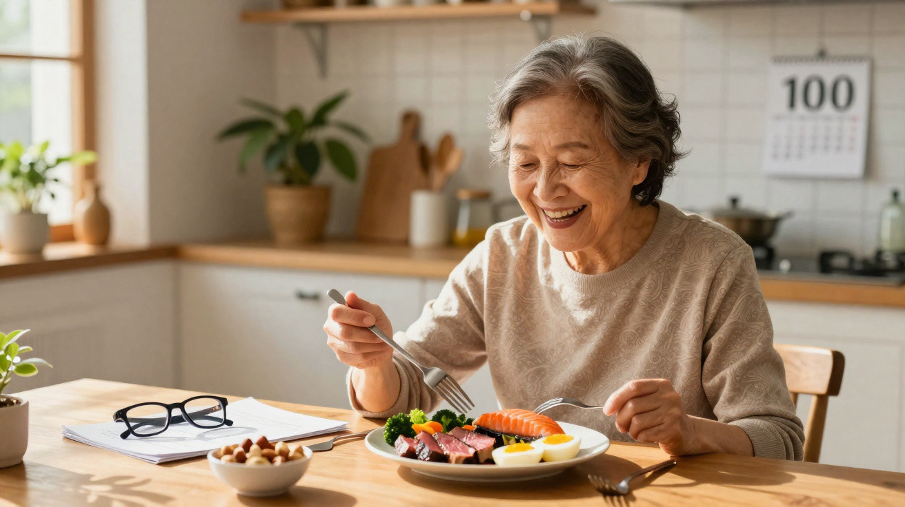 Idosa sorridente sentada à mesa na cozinha preparando-se para comer prato saudável com salmão e ovos.