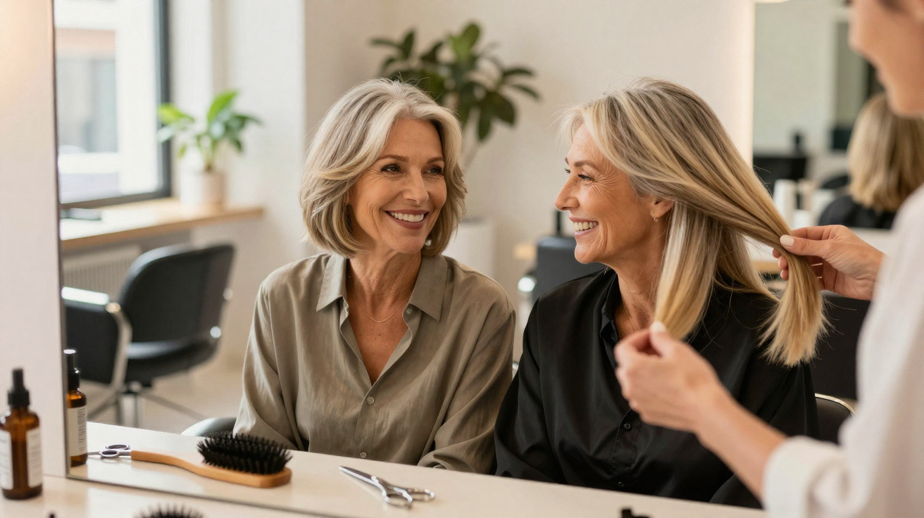 Duas mulheres sorrindo em salão de beleza, uma delas com cabelo sendo penteado.