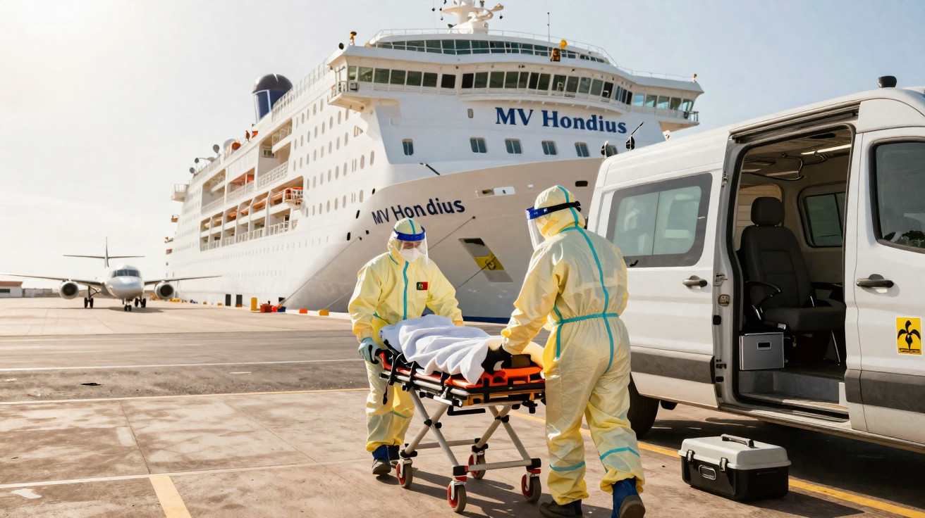 Dois profissionais de saúde em EPIs transportam paciente em maca próximo a navio MV Hondius e van no porto.