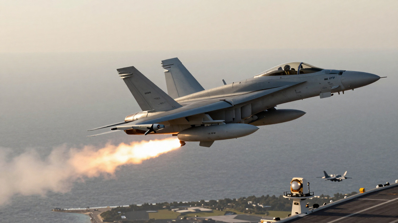 Caça militar decolando de porta-aviões com pós-combustor acionado sobre o mar.